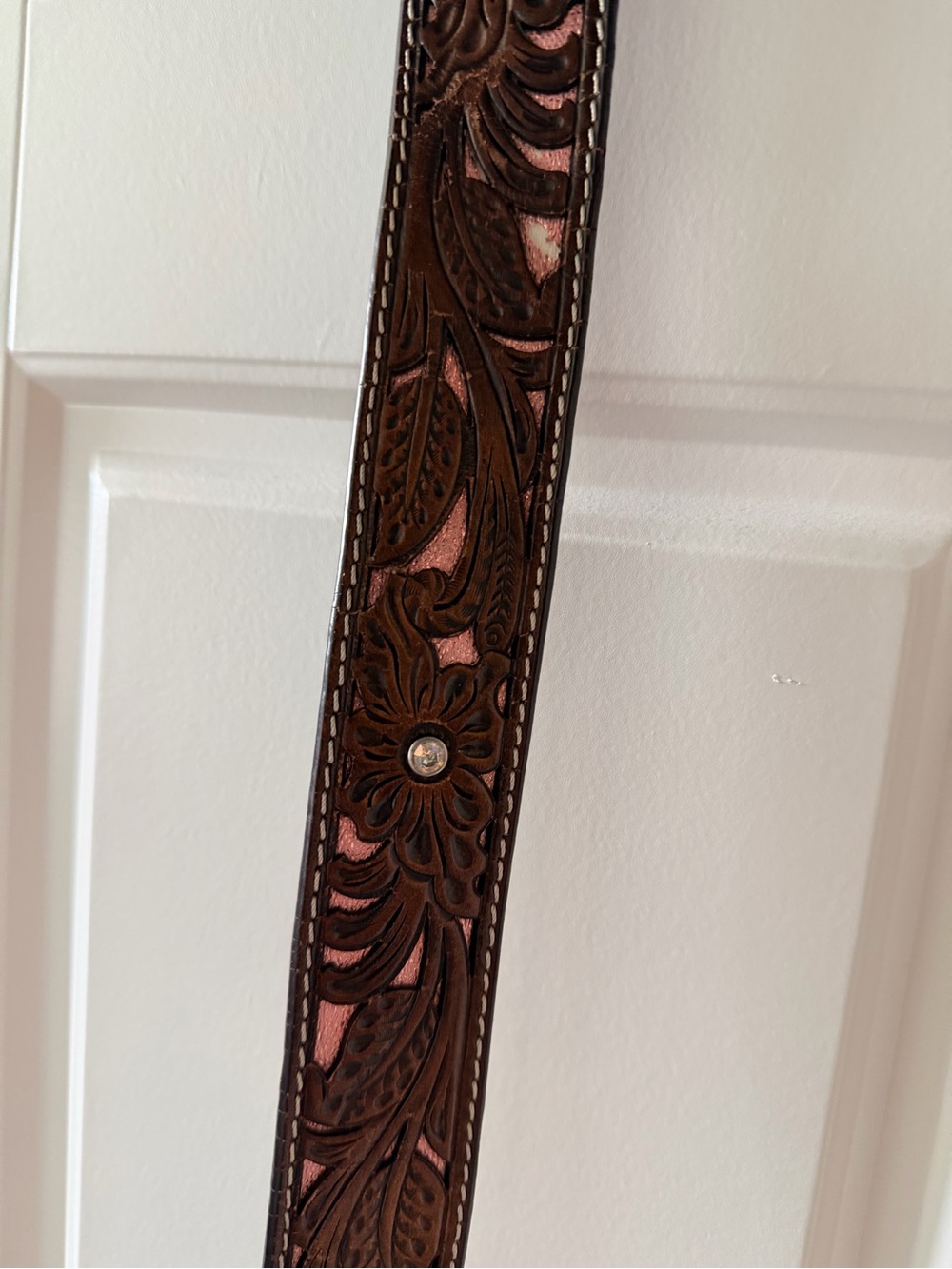 Ariat Brown Leather Tooled Belt with Pink Inlay